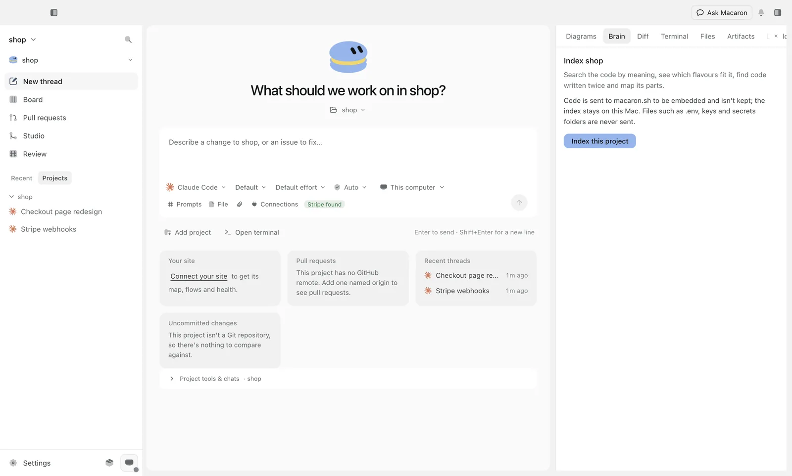 The Brain tab beside a project, ready to index it.