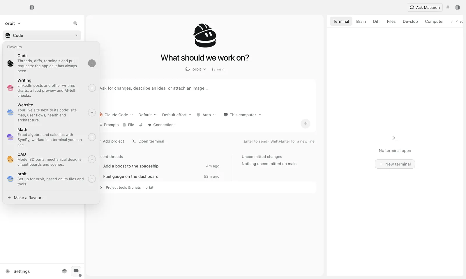 The flavor menu: Code, Writing, Website, Math, CAD and the project's own flavor, each with its macaron.