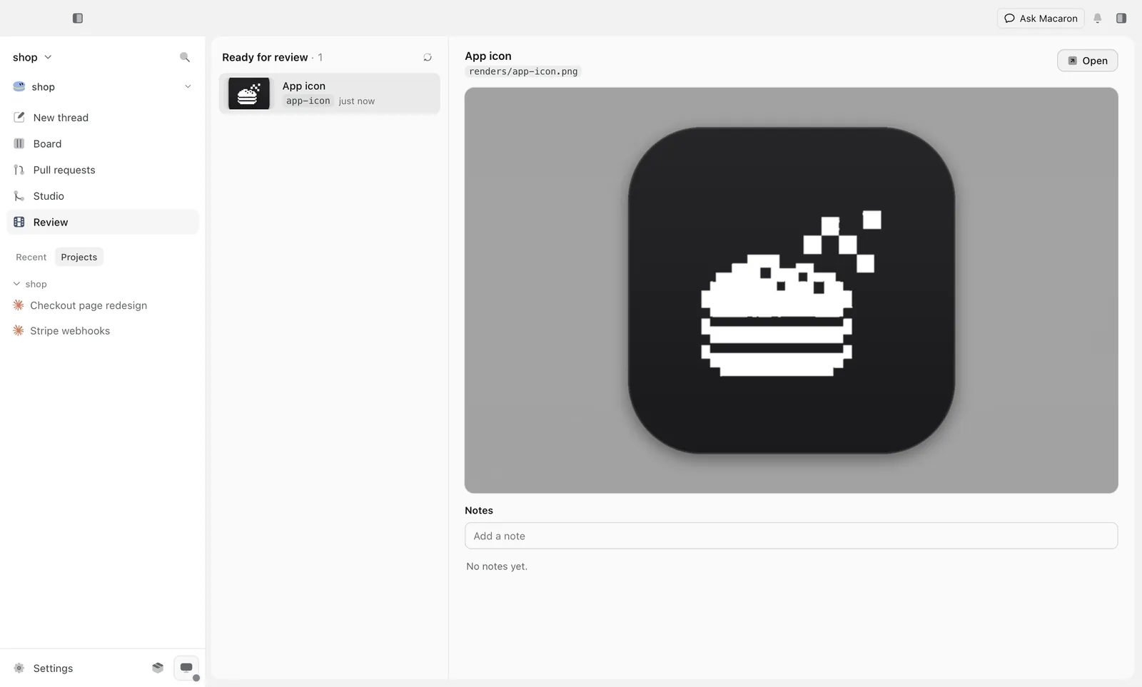Review: an app icon an agent rendered, with room for notes.