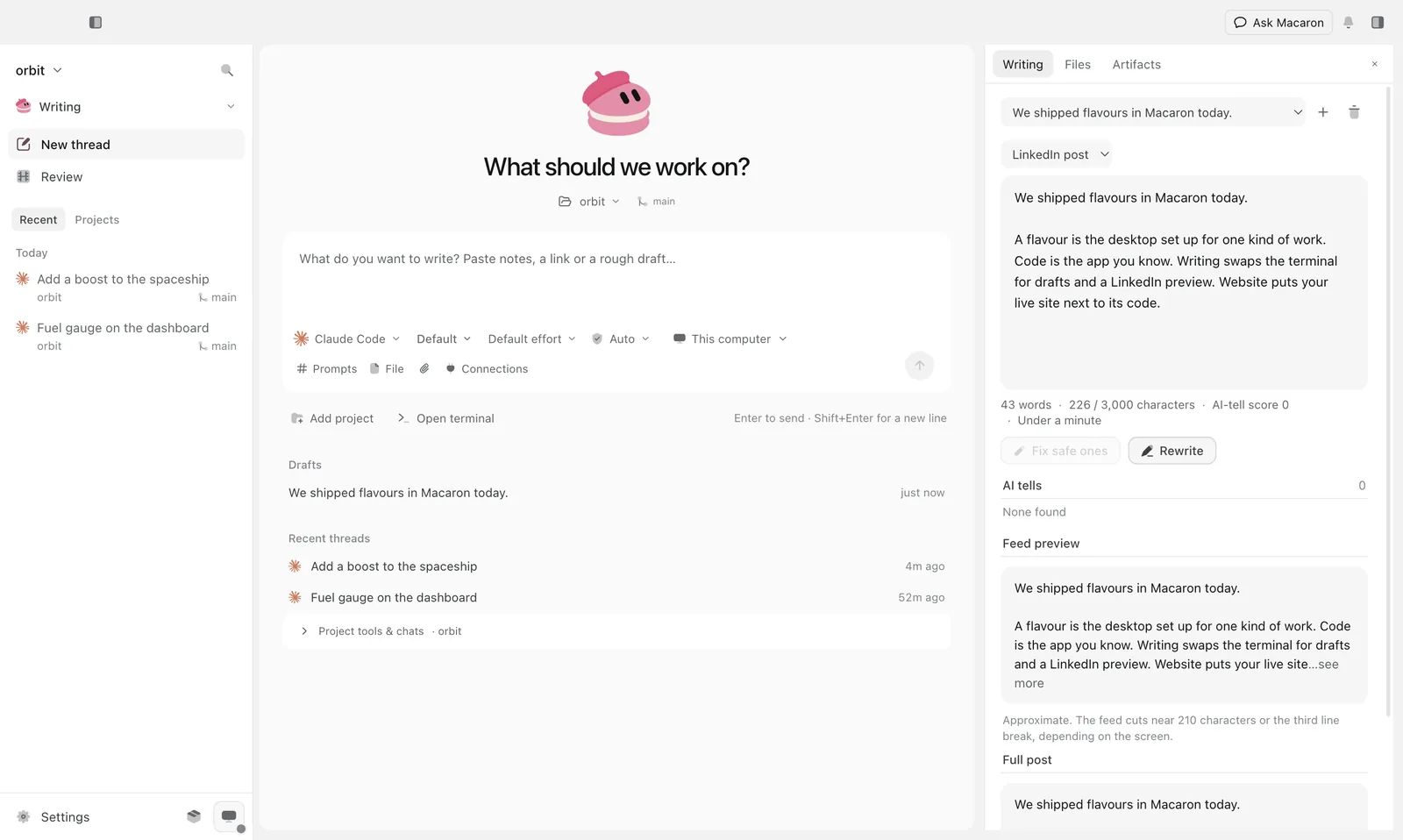 The Writing flavor: a draft, its AI-tell checks and a LinkedIn preview.