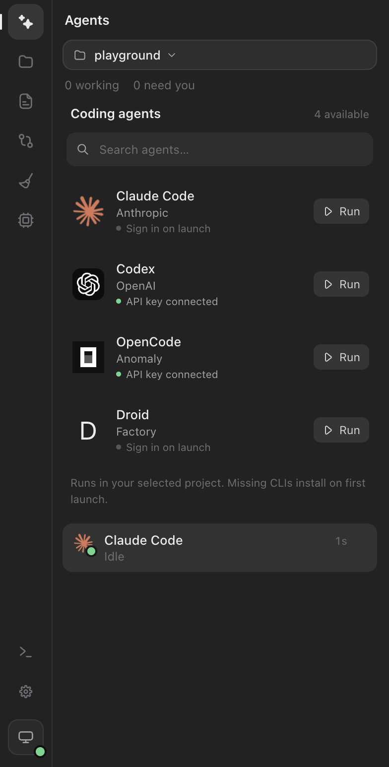 Macaron's agent list: Claude Code, Codex, OpenCode and Droid, each with a Run button