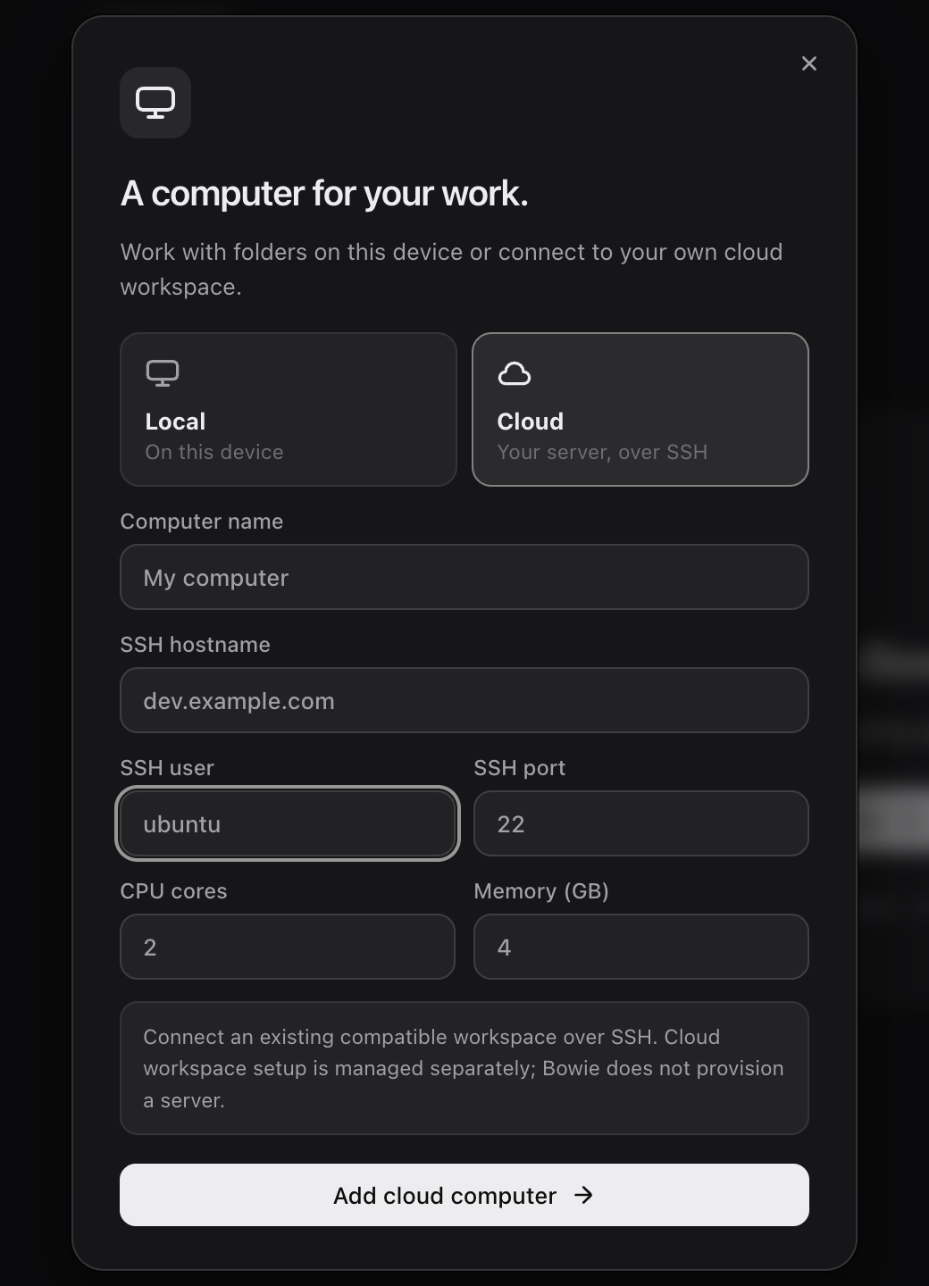 Macaron's computer setup: choose Local or Cloud, then name, host, user and size