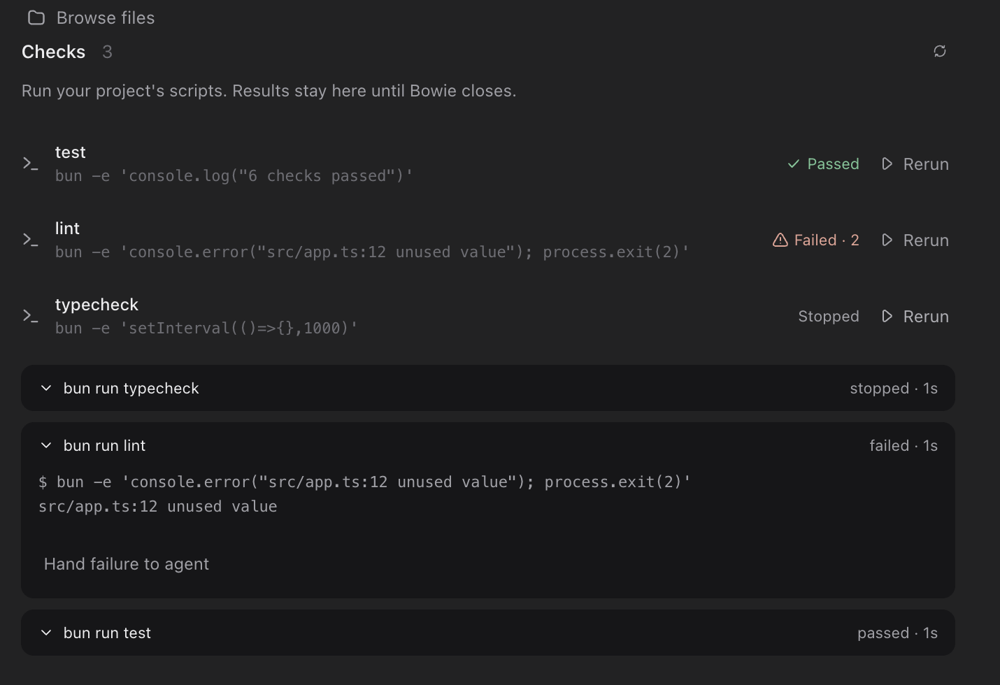 Macaron's checks list: test passed, lint failed with two findings, typecheck stopped, each with a Rerun button